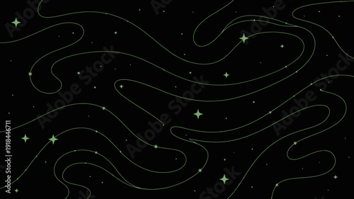 A dark background features flowing curved lines in a vibrant green hue interspersed with small sparkling star like points of light high quality professional detailed modern