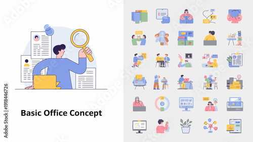 An illustration depicts a person investigating documents with a magnifying glass alongside a collection of office related vector icons high quality professional detailed modern elegant stylish
