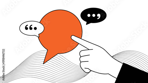 A minimalist illustration depicts a hand pointing towards an orange speech bubble with another bubble showing ellipsis high quality professional detailed modern elegant stylish clean crisp