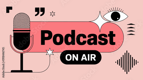 A colorful graphic showcases a podcast theme featuring a microphone eye and speech marks against a pastel pink backdrop with text high quality professional detailed modern