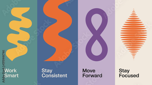 A series of colorful abstract shapes and text panels promote workplace values including working smart staying consistent and moving forward high quality professional detailed modern elegant