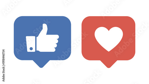 A digital illustration displays two speech bubbles a blue one with a white thumbs up and a red one containing a white heart high quality professional