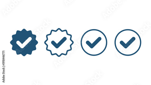 A row of four blue icons depicting checkmarks within different shaped frames signifying approval or verification high quality professional detailed modern elegant stylish clean crisp vibrant