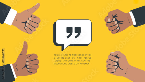 A vibrant illustration depicts two hands giving thumbs up gestures flanking a speech bubble with quotation marks high quality professional detailed modern elegant stylish clean crisp