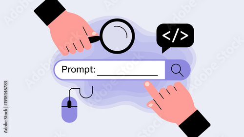 An illustrative image depicts hands interacting with a digital interface including a magnifying glass over code brackets and a search bar high quality professional detailed modern