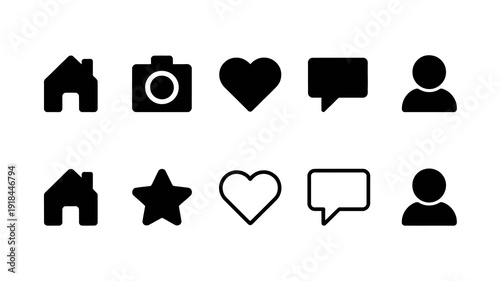 A collection of simple black glyph icons representing common digital actions and elements like home camera and profile high quality professional detailed modern elegant stylish clean