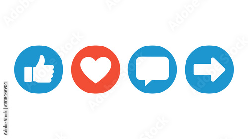 A row of colorful circular icons depicting social media interactions a like a heart a comment and a share high quality professional detailed modern elegant stylish