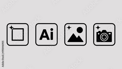 A series of four black icons on a light gray background represent different aspects of image creation and artificial intelligence high quality professional detailed modern elegant