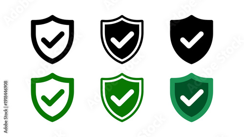 A collection of shield icons with checkmarks displayed in varying colors including black and green representing security and validation high quality professional detailed modern elegant stylish