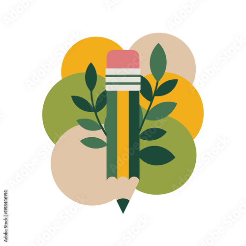 Wooden pencil with pink eraser sits centrally among green.