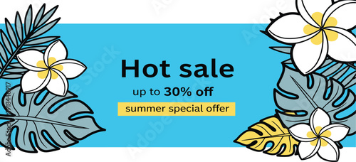Tropical flowers and leaves surrounding a summer sale banner with a special discount offer displayed prominently on a vibrant background