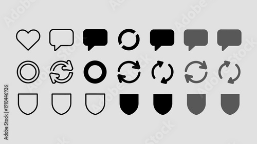A collection of monochrome social media icons and interface elements are neatly arranged in a grid like formation high quality professional detailed modern elegant stylish clean