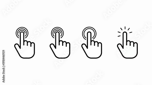 A series of four black and white hand icons depict different pointing or pressing actions with a single finger high quality professional detailed modern elegant stylish