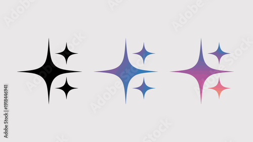 A gradient of stylized starbursts transitions from black to blue to purple and pink set against a plain white background high quality professional detailed modern elegant