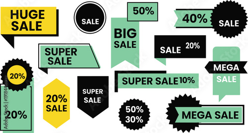 Collection of various sale banners and tags with discount percentages displayed in a collage on a commercial webpage
