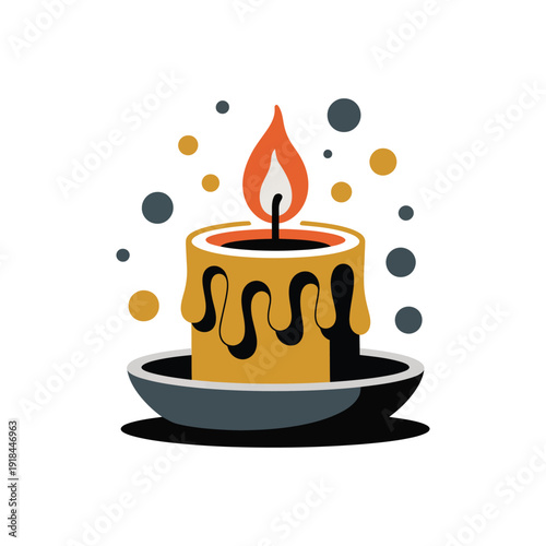 Melting yellow candle burns brightly on a small dark saucer base.