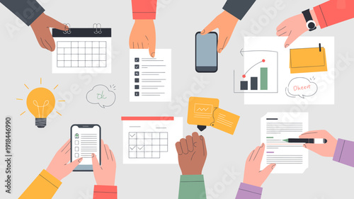 A flat lay illustration depicts diverse hands interacting with various business tools and concepts on a light gray surface high quality professional detailed modern elegant stylish