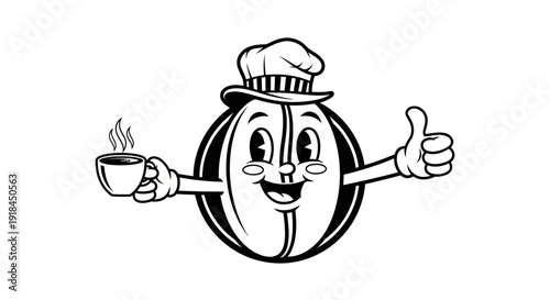 Happy Coffee Bean Character Holding a Hot Cup of Coffee and Giving Thumbs Up