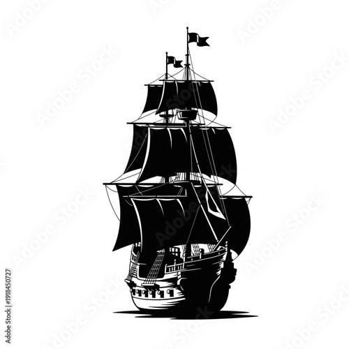Silhouette of a Black Pirate Ship with Full Sails and Flags on White Background