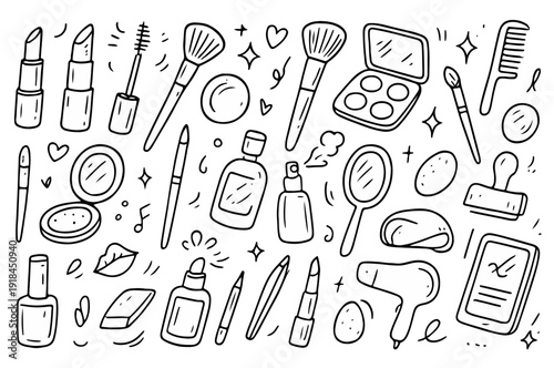 hand drawn doodle vector set of makeup and beauty doodles illustrated in a sketchy outline style isolated on white background