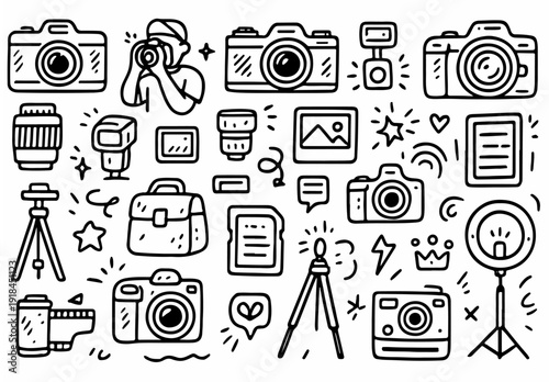 hand drawn doodle vector set of photography and camera gear icons illustrated in a clean sketchy outline style isolated on white background