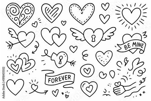 hand drawn doodle vector set of romantic heart illustrations and emotional love elements illustrated in a playful sketchy outline style isolated on white background