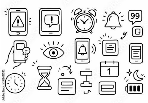 hand drawn doodle vector set of screen time and notifications icons in playful sketchy outline style isolated on white background