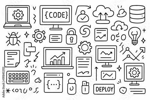 hand drawn doodle vector set of software and it work icons in fun sketchy outline style isolated on white background