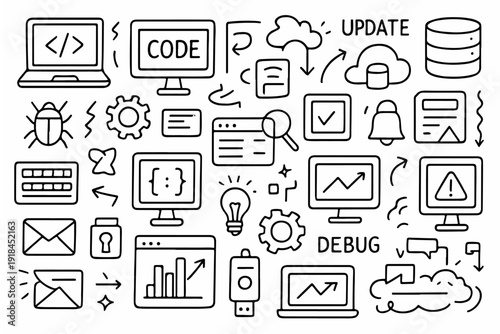 hand-drawn doodle vector set of software and IT work icons illustrated in a playful sketchy outline style isolated on white background