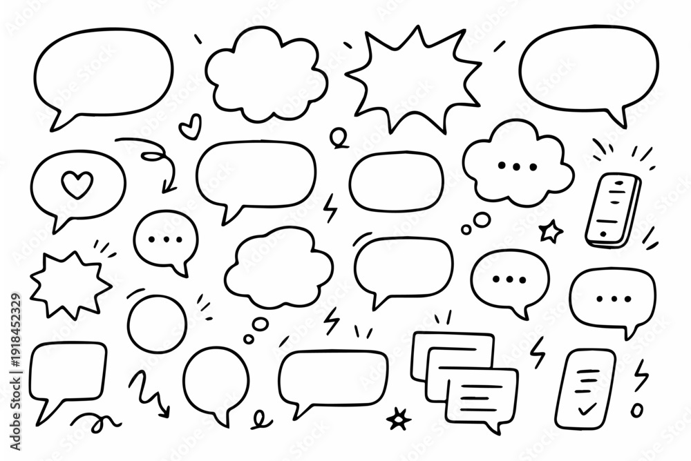 Fototapeta premium hand drawn doodle vector set of speech bubbles illustrated in a playful sketchy outline style isolated on white background
