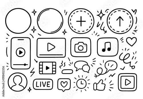 hand drawn doodle vector set of story circles and reels frames illustrated in a playful sketchy outline style isolated on white background