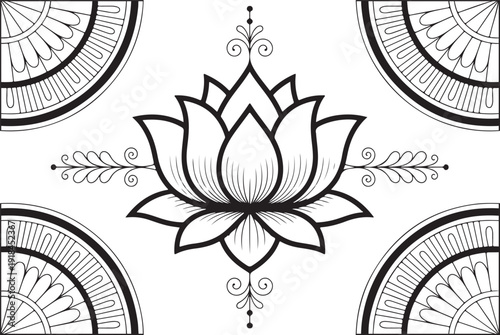Black and white drawing of lotus flower with decorative elements and circular patterns on white page