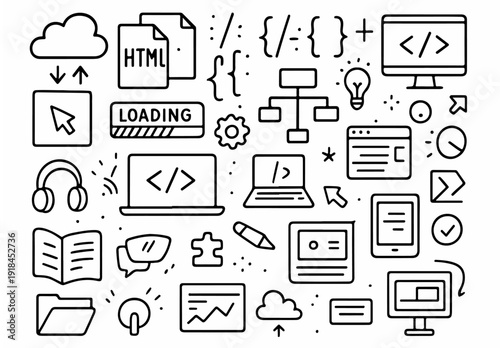 hand drawn doodle vector set of web development icons illustrated in a fun sketchy outline style isolated on white background