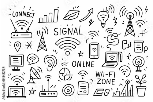 hand drawn doodle vector set of wifi and signal tower icons in fun sketchy outline style isolated on white background