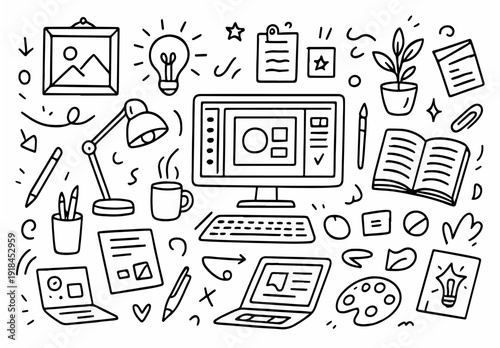 hand drawn doodle vector set of creative workspace elements illustrated in a fun and playful style isolated on white background