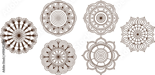Six mandala designs in various shapes and patterns for art and decoration purposes  mandalas