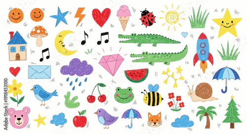 A colorful and playful collection of cartoon icons and symbols arranged together, depicting various objects and creatures in a whimsical environment from a straightforward viewpoint.