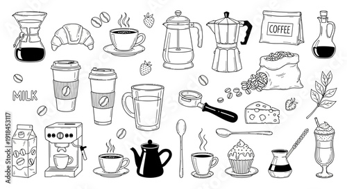 Assorted coffee cups, pots, and accessories illustrated in a black and white graphic design featuring various coffee-related items and utensils.