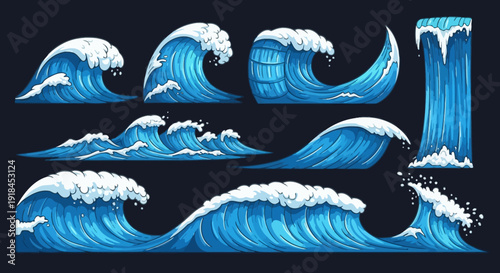 A collection of ocean waves with varying wave heights and crests, illustrated in shades of blue, showcasing different wave patterns and shapes from various viewpoints.