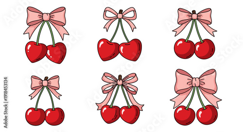Illustration of six pairs of cherries with pink bows arranged in two rows on a clean background from a direct viewpoint
