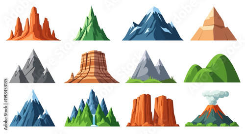 A collection of diverse mountain illustrations showcasing various peaks and geological formations in different styles and colors.