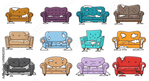 Collection of assorted colorful sofas displayed in a grid pattern on a clean white background from a straightforward viewpoint