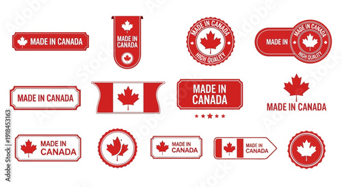 Collection of red 'Made in Canada' labels and stamps featuring the maple leaf symbol on a clean background from a straightforward viewpoint