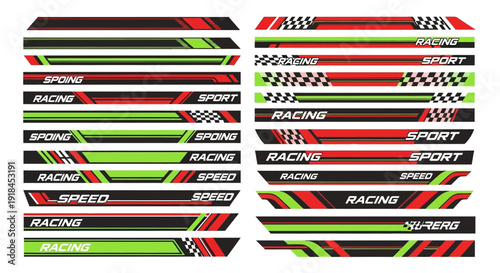Racing decals with sport and speed designs displayed on a collection of graphic strips