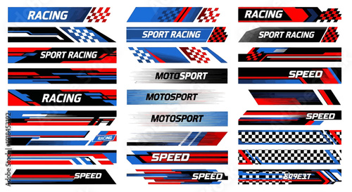 Collection of racing-themed graphic elements and design templates featuring speed and motorsport motifs