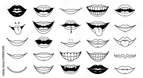 Various mouth illustrations showcasing diverse expressions and styles in a grid layout on a plain background from a straightforward viewpoint