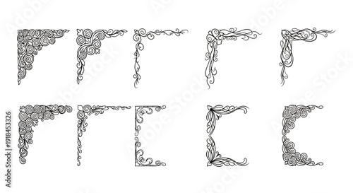 Ornate lettering corner frames with floral patterns and decorative elements, illustration, graphic design elements, white background, close-up view