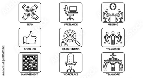 A grid of nine square icons illustrating various workplace concepts, including teamwork, freelancing, and management, set against a plain background from a straightforward viewpoint.
