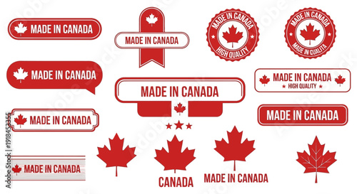 Collection of red 'Made in Canada' labels and maple leaf symbols arranged in a grid pattern on a neutral background