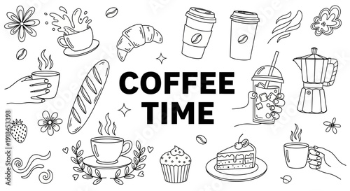 Assorted coffee and pastry illustrations in a digital graphic, showcasing various coffee drinks and baked goods from an overhead view.